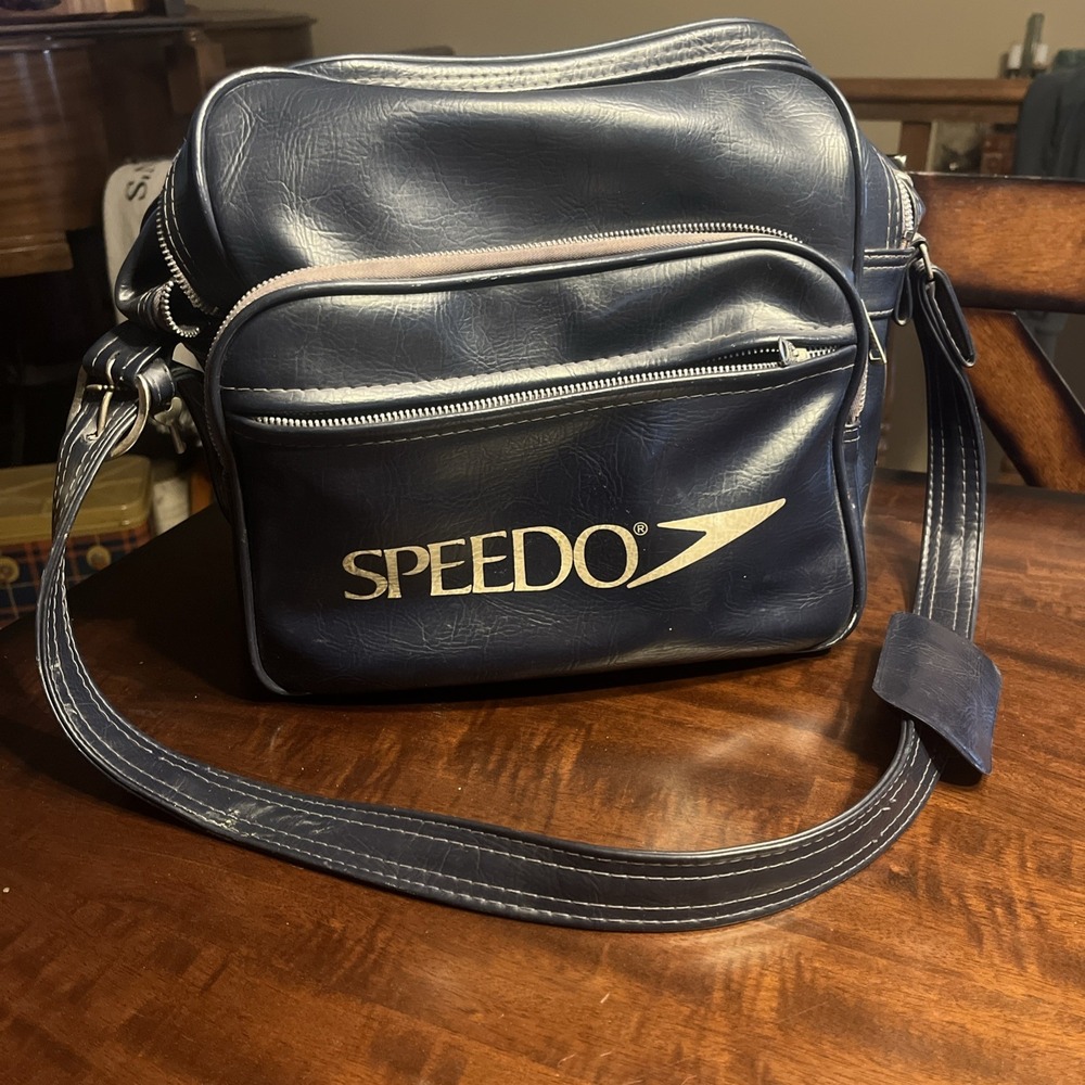 Vintage 80s Speedo Blue Leather Travel Bag Multi Pocket w/Original Lock‎ & Key